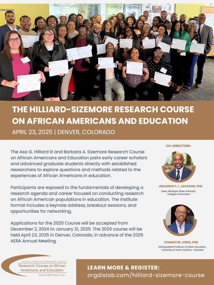 Applications for the 2025 Hilliard-Sizemore Research Course on African Americans and Education is now live! Early career scholars and graduate students should apply by January 31, 2025 to learn from an all-star line-up.

More: orgdislab.com/hilliard-sizem…