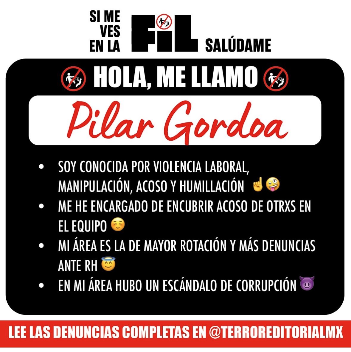 terroreditorial's tweet photo. Los pasillos de la FIL están llenos de los miembros platino de Terror Editorial. Y como estamos cansados de que sus empresas los encubran, aquí te los presentamos. La elegida de hoy, Pilar Gordoa, directora de marketing en @penguinlibrosmx 
Sin nosotros no hay FIL 🔥🤜🤛 https://t.co/9ivqyHlg5Z