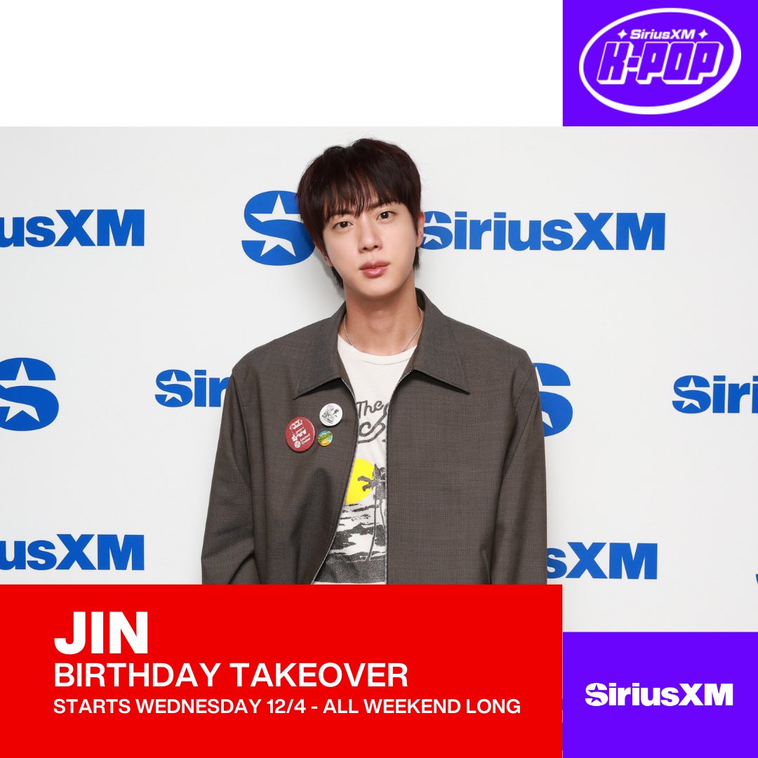 To celebrate Jin’s birthday this Wednesday 12/4, he’ll be taking over SiriusXM K-Pop to share with you stories about all his releases including music from his latest album, ‘Happy’, upcoming plans and much more 🔊

#btsjin <a href="/bts_bighit/">BTS_official</a>
