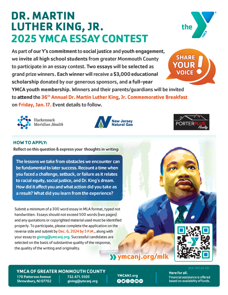 yjerseyshore's tweet photo. HS students, 📣 don't forget to share your voice in our 2025 #YMCA Dr. King Essay Contest! Deadline is this Fri., 12/6, 5 pm. Two essays receive a $3,000 scholarship each sponsored by @HMHNewJersey  @NJNaturalGas &amp; @Samara_REBroker PorterPlus Realty. > https://t.co/5YlBC1NerG https://t.co/grS6DaTbTA