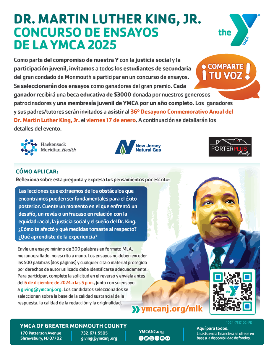 HS students, 📣 don't forget to share your voice in our 2025 #YMCA Dr. King Essay Contest! Deadline is this Fri., 12/6, 5 pm. Two essays receive a $3,000 scholarship each sponsored by <a href="/HMHNewJersey/">Hackensack Meridian</a>  <a href="/NJNaturalGas/">NJ Natural Gas</a> &amp; <a href="/Samara_REBroker/">SamaraO</a> PorterPlus Realty. > ymcanj.org/mlk