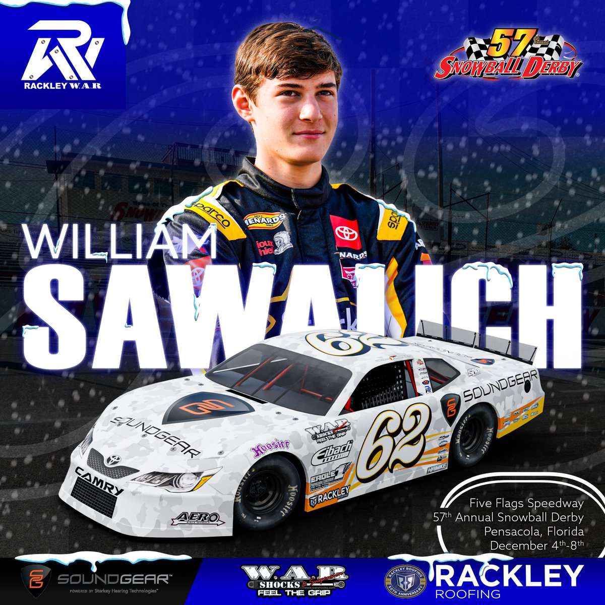 Car reveals for the 57th running of the  #SnowballDerby coming up THIS WEEK  at <a href="/5FlagsSpeedway/">5 Flags Speedway</a>! 

#RackleyWAR 

Ripley: PLM
Naugle: SLM
Sutton: SLM
Sawalich: SLM

<a href="/WilliamSawalich/">William Sawalich</a> | <a href="/NicholasNaugle/">Nicholas Naugle</a> | @dawsonsutton26 | #SylasRipley