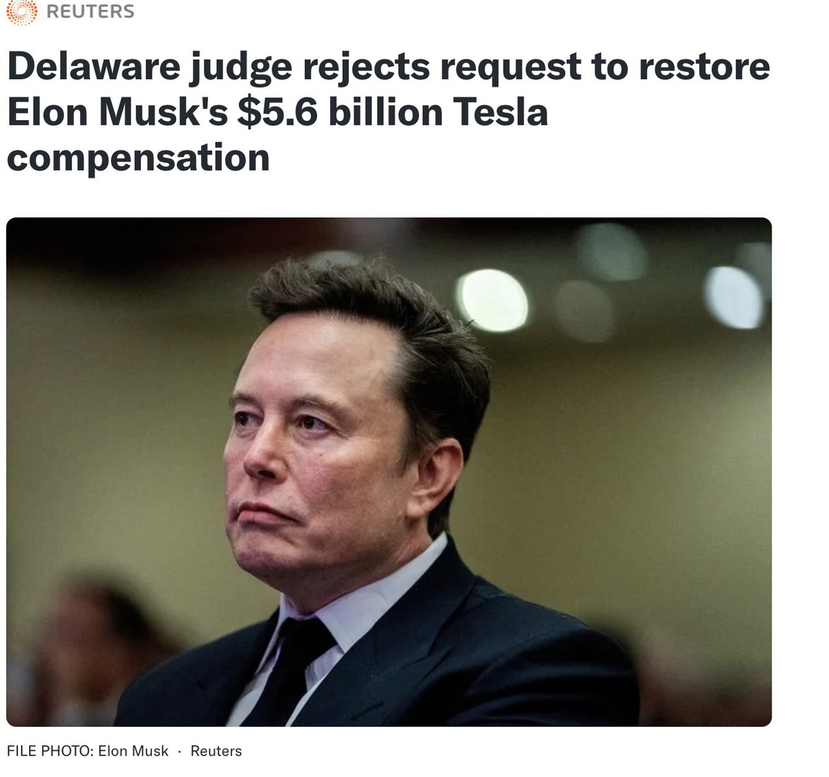MarioNawfal's tweet photo. 🚨BREAKING: ELON’S PAY PACKAGE BLOCKED DESPITE TESLA SHAREHOLDER SUPPORT

A Delaware judge has rejected Elon Musk’s request to restore his $56 billion performance-based pay package.

This decision stands despite overwhelming support from Tesla shareholders to reinstate the deal.

Unbelievable...

Source: Reuters