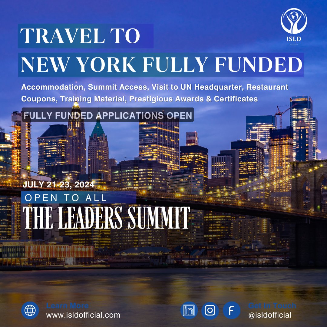 opportunitiesfy's tweet photo. 🚀 Transform your leadership at the Fully Funded Leaders Summit in New York! 🗽

📅 July 21–23, 2025
✅ Training, Certification, UN Tour &amp; More!
🔗 Apply by Dec 31, 2024: https://t.co/3lJG98j722

#TheLeadersSummit #Leadership #NewYork2025 https://t.co/1iFmPwm16g