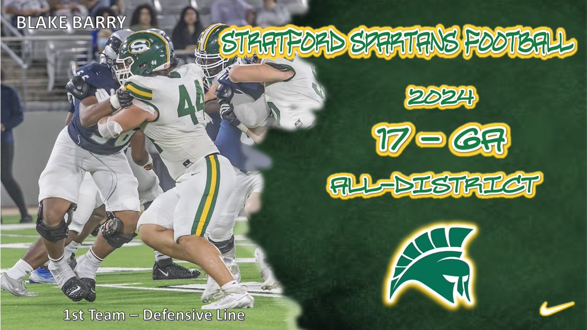 Stratford Spartan Football (@stratfordfb1) on Twitter photo CONGRATS to <a href="/BlakeBarry17/">Blake Barry</a> for being named 17-6A Football 1st Team All District!!! #SpartanPride <a href="/StratfordFB1/">Stratford Spartan Football</a> <a href="/SHS_BoosterClub/">Stratford Booster</a> <a href="/sbisdathletics/">Spring Branch ISD Athletics</a> CONGRATS to <a href="/BlakeBarry17/">Blake Barry</a> for being named 17-6A Football 1st Team All District!!! #SpartanPride <a href="/StratfordFB1/">Stratford Spartan Football</a> <a href="/SHS_BoosterClub/">Stratford Booster</a> <a href="/sbisdathletics/">Spring Branch ISD Athletics</a>