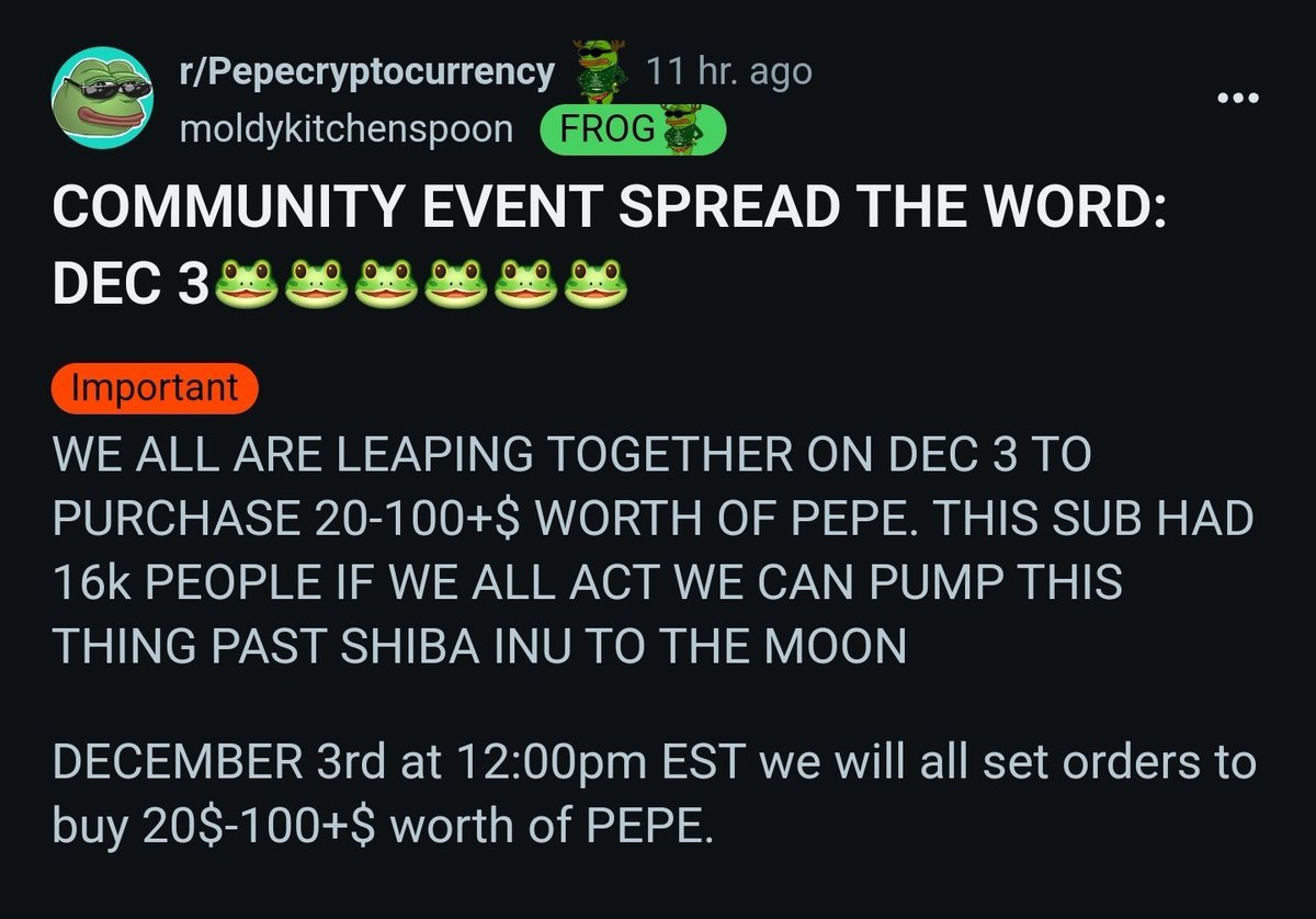 y00thereum's tweet photo. Reddit $PEPE subreddit with over 17k members planning to mass buy $PEPE tomorrow at 12:00 EST.
What if.. we the pepeople on 𝕏 also buy in the same time? 🐸💹 https://t.co/flyXrQTZVA