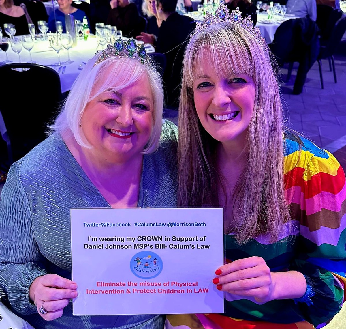 Our wonderful Children's Commissioner <a href="/CYPCS/">Children and Young People's Commissioner Scotland</a> <a href="/NicolaKillean/">Nicola Killean</a> and I wearing our Crowns 👑 supporting <a href="/djohnsonmsp/">Daniel Johnson for Edinburgh Southern</a> Members Bill for #CalumsLaw at last week's <a href="/theRRNetwork/">Restraint Reduction Network</a> conference in Newcastle. 

The  👑  must protect children in LAW from the misuse of restraint and seclusion.