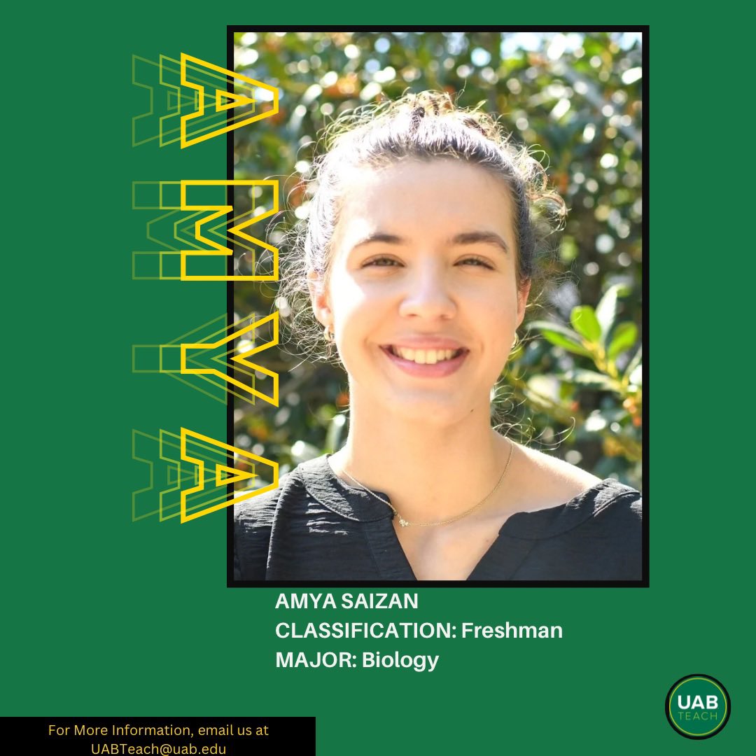 💚STUDENT HIGHLIGHT💚

Why UABTeach?

I chose UABTeach because I wanted to understand different learning styles and help teach myself and others.