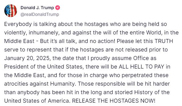 EricLDaugh's tweet photo. 🚨 #BREAKING: Gaza hostages' families release statement after Trump threatens terrorists with destruction if the hostages aren't released by Jan. 20.

"We thank President Trump for his unequivocal and uncompromising message. It is now clear to everyone: The time has come. Bringing everyone home."

Source: @AmichaiStein1
