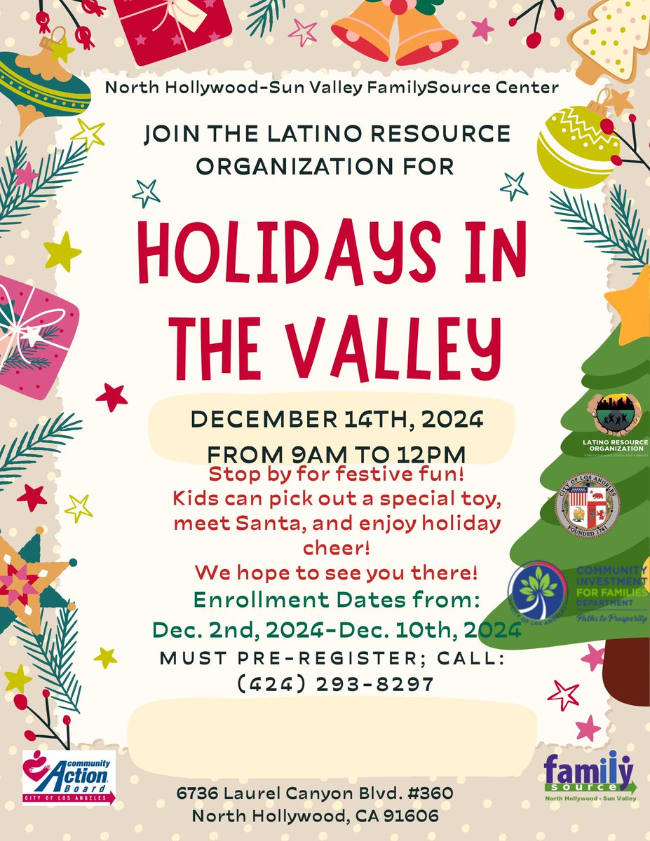 PaulKrekorian's tweet photo. The North Hollywood-Sun Valley FamilySource Center is now accepting phone calls to pre-register for their holiday toy distribution event. Stop by on December 14 for some festive fun! Kids can pick out a special toy, meet Santa, and enjoy holiday cheer. https://t.co/TEnoa2x23o