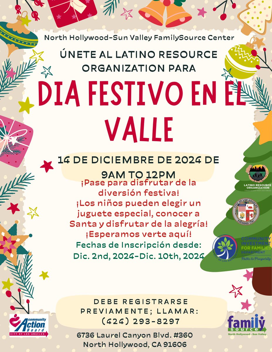 The North Hollywood-Sun Valley FamilySource Center is now accepting phone calls to pre-register for their holiday toy distribution event. Stop by on December 14 for some festive fun! Kids can pick out a special toy, meet Santa, and enjoy holiday cheer.
