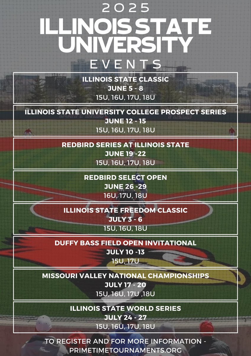 𝐈𝐥𝐥𝐢𝐧𝐨𝐢𝐬 𝐒𝐭𝐚𝐭𝐞 𝐔𝐧𝐢𝐯𝐞𝐫𝐬𝐢𝐭𝐲 - 𝟐𝟎𝟐𝟓 𝐄𝐯𝐞𝐧𝐭𝐬

To register and for more information⬇️

🔗: primetimetournaments.org