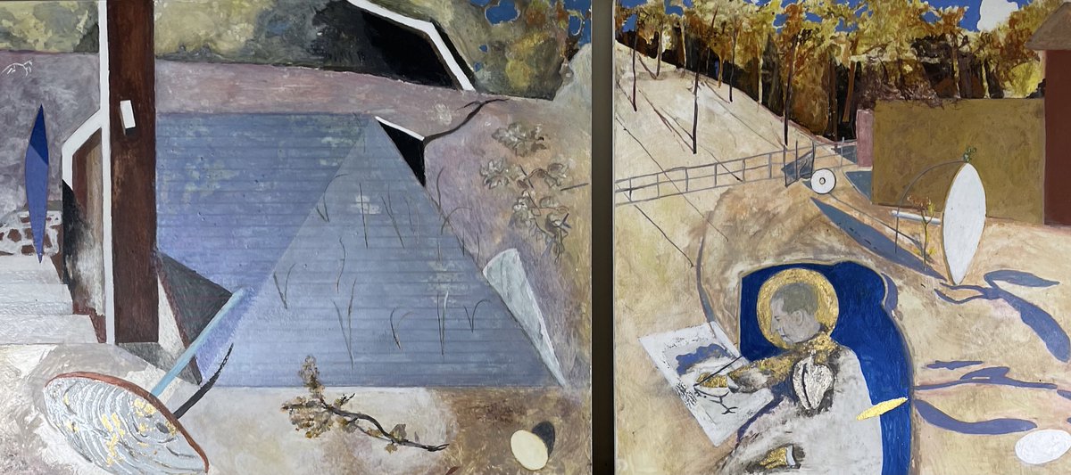 Paul Nash in His Painting The Archer. With Gold Leaf Halo and Hands &amp; Silver Leaf Lungs (Asthma) Confronting The Archer Overthrown.

Brian Catling RA
