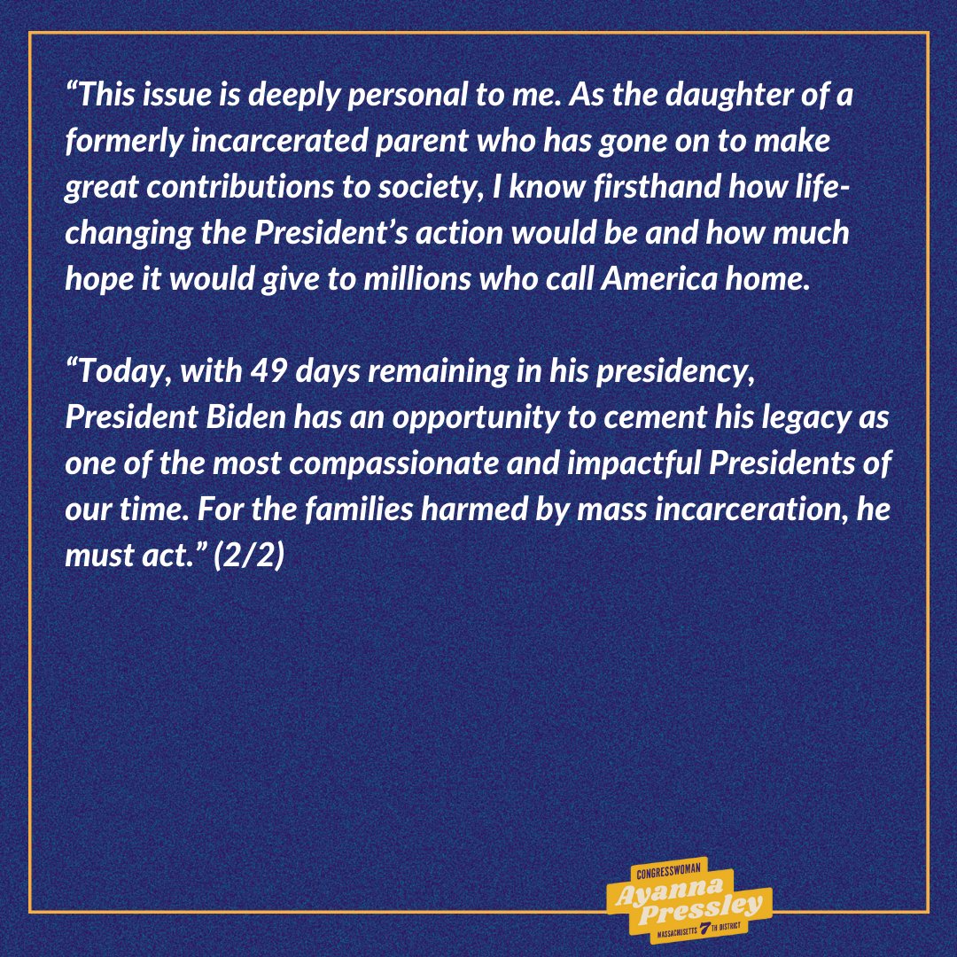I'm thinking of all the people who pose no threat to society &amp; whose lives are deteriorating due to our mass incarceration crisis &amp; unjust criminal legal system.

For the families harmed by mass incarceration, <a href="/POTUS/">President Donald J. Trump</a> must act.

Here's my statement on his pardon this week.