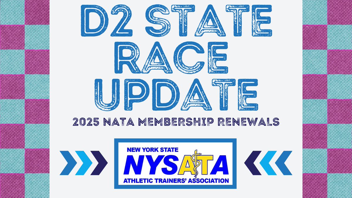 NATA District 2 (@natad2) on Twitter photo 🔥D2 STATE RACE UPDATE🔥With under 7 hours left in the race, NYSATA remains in the top position! There is still time left to push your state to the top of the podium - join/renew by 11:59pm tonight! 🏁
<a href="/NATA1950/">NATA</a>
<a href="/CieslakDr/">Ken Cieslak</a> | @JamieMansellPhD | <a href="/Carrie_Lou_B/">Carrie Burke</a> | <a href="/kenneyk41/">Kathleen Kenney</a> 🔥D2 STATE RACE UPDATE🔥With under 7 hours left in the race, NYSATA remains in the top position! There is still time left to push your state to the top of the podium - join/renew by 11:59pm tonight! 🏁
<a href="/NATA1950/">NATA</a>
<a href="/CieslakDr/">Ken Cieslak</a> | @JamieMansellPhD | <a href="/Carrie_Lou_B/">Carrie Burke</a> | <a href="/kenneyk41/">Kathleen Kenney</a>