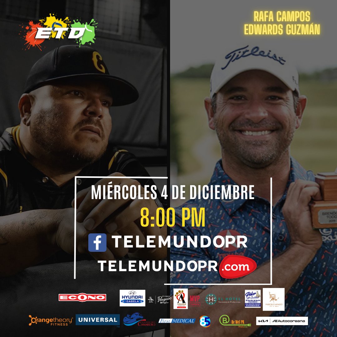eltrabucopr's tweet photo. ¡Dos gigantes del deporte nos visitan este semana en EL TRABUCO DEPORTES! #ETD 

Recibimos al destacado dirigente del Equipo Nativo y de los Gigantes de Carolina en la pelota invernal Edwards Guzmán y al estelar golfista Rafa Campos, quien viene de ganar su primer torneo PGA. https://t.co/mA5dmopdB2
