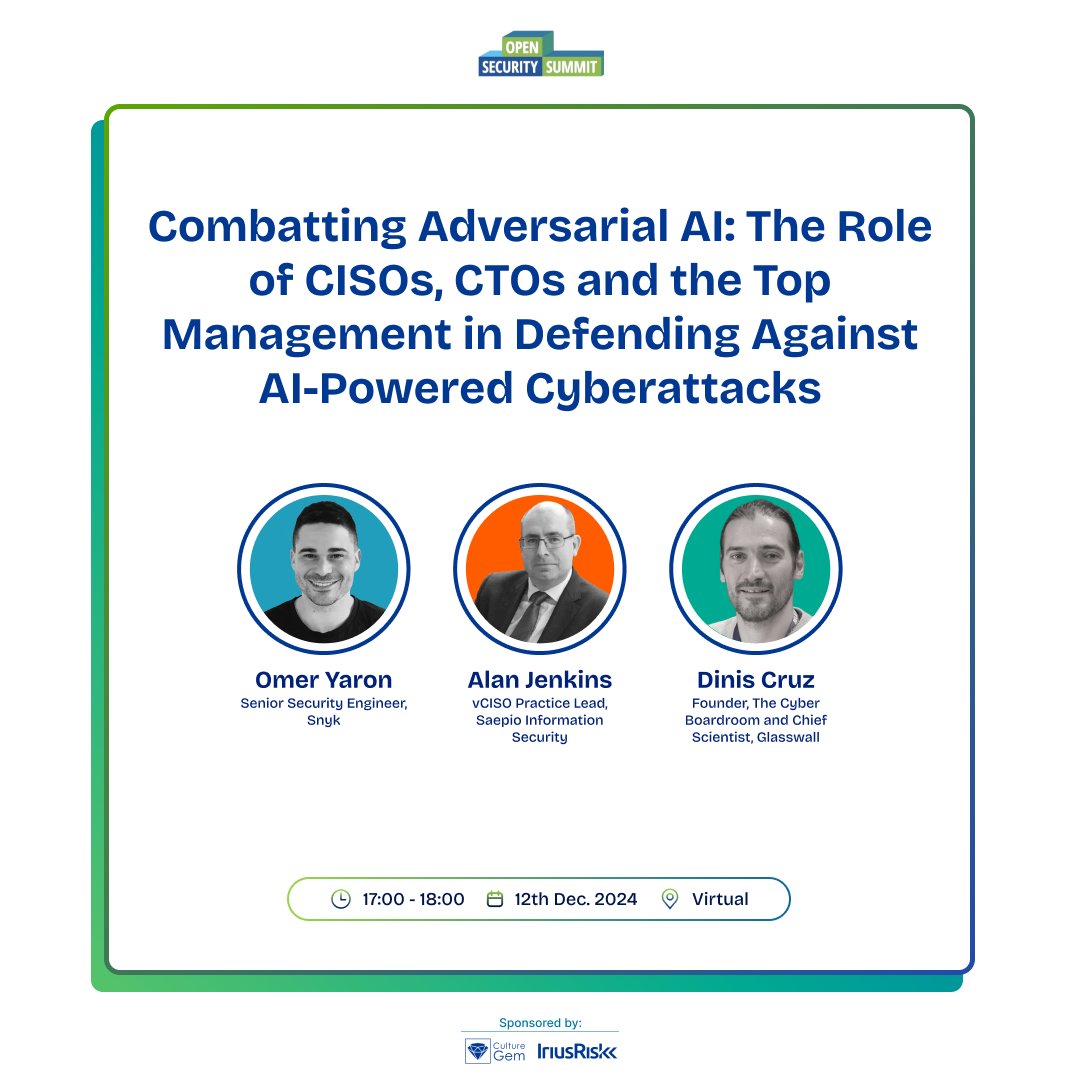 opensecsummit's tweet photo. 🚨Are you ready to tackle adversarial AI?

Join us on Dec 12 at 17:00 for an expert-led session at #OSS2024 by Omer Yaron, Alan Jenkins &amp; @DinisCruz 

🔗 Learn defense strategies for deepfake phishing &amp; AI-driven attacks: https://t.co/EgLLQ0WeaP

#CyberThreats #AIInCybersecurity https://t.co/1XvLQhNHq6