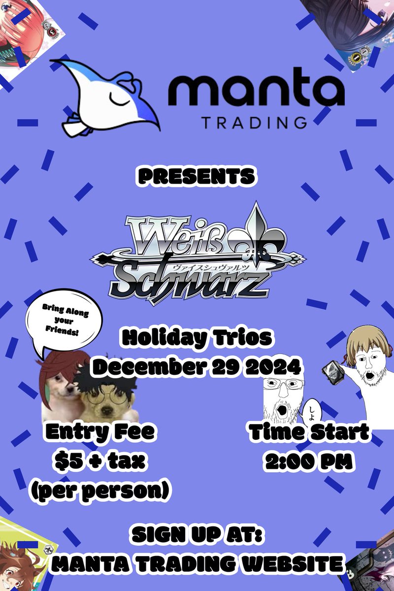 realhourss's tweet photo. Holiday Weiss Schwarz Trios at @mantatrades on the 29th

#WeissSchwarz #ws2tcg https://t.co/85v1GtvgVo