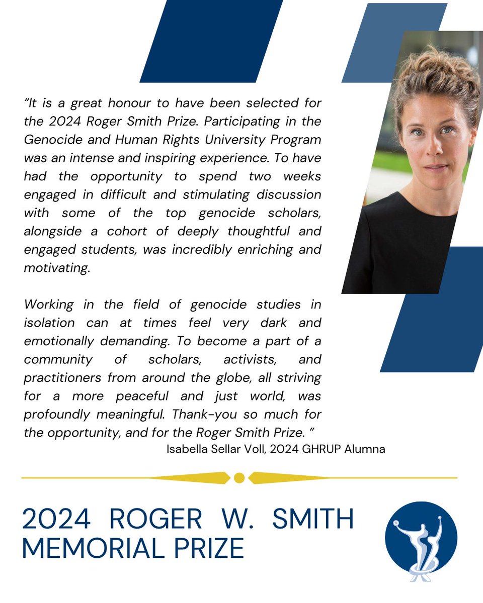 ZoryanInstitute's tweet photo. The Zoryan Institute is proud to announce the recipient of the 2024 Roger W. Smith Memorial Prize is Isabella Sella Voll! Isabella is an engaged, thoughtful, and passionate genocide scholar who embodies Roger Smith’s values. https://t.co/7ECX60FBdS