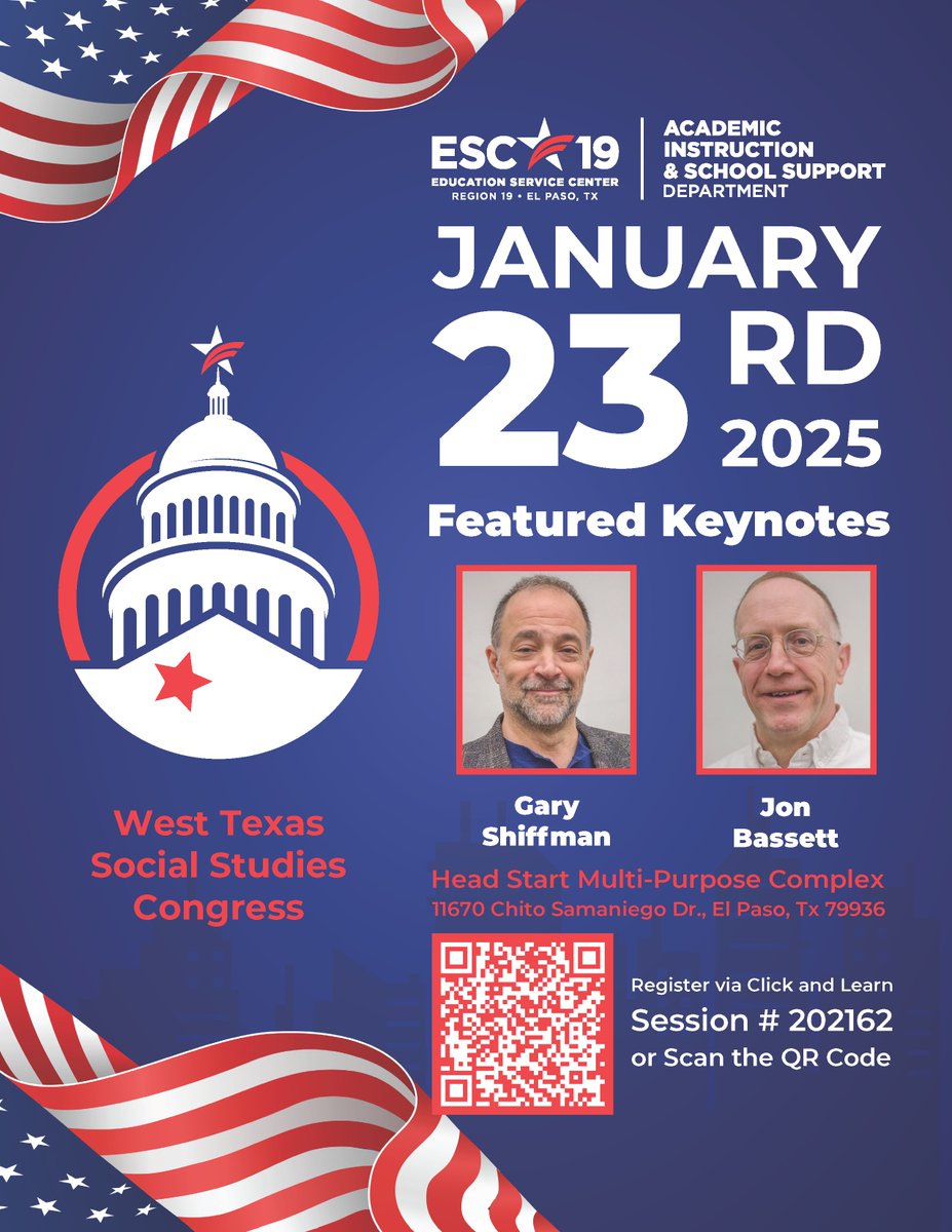 ESCRegion19's tweet image. SOCIAL STUDIES EDUCATORS UNITE!

Education Service Center Region 19 is proud to host the third annual West Texas Social Studies Congress. 

JOIN US NEXT MONTH!

Click to Learn More:

sites.google.com/esc19.net/2025…

#WeR19 #SocialStudies