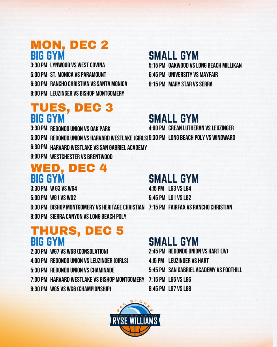 RYSE WILLIAMS PAC SHORES 2024
Dec 2-5

Starts Today!!