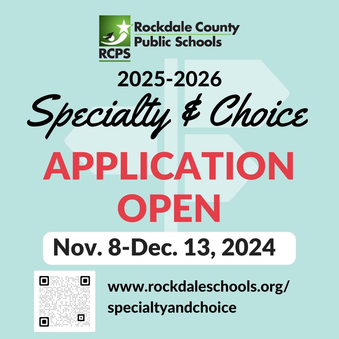 Reminder: The applications for RCPS Specialty and Choice 2025-26 programs (at CMS, DMS, EMS, MMS, HHS, RCHS, SHS) are due December 13, 2024, at rockdaleschools.org/specialtyandch…. For more information, visit rockdaleschools.org/specialtyandch…