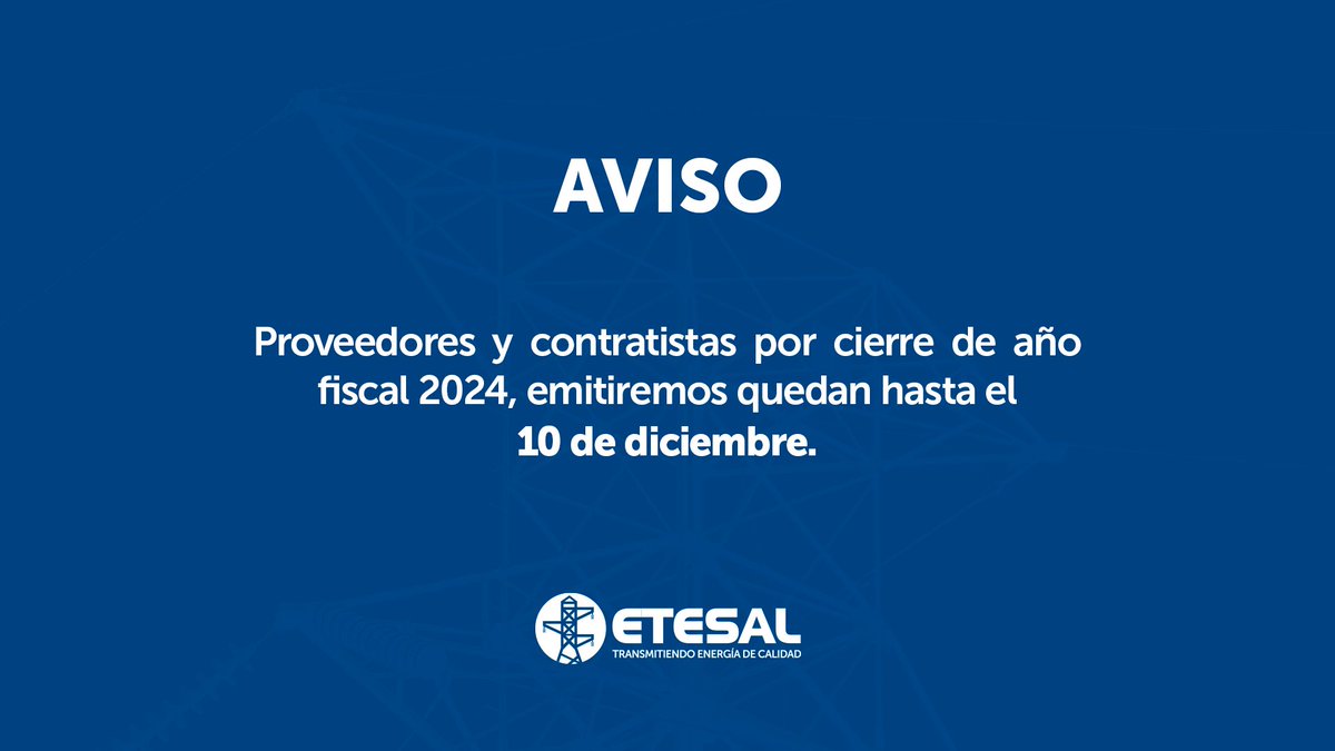 Informamos a nuestros proveedores y contratistas que debido al cierre fiscal del año 2024, la recepción de documentación de cobros y emisión de quedan, se realizará hasta el día martes 10 de diciembre de 2024. 📃

Para más información ingresa a: n9.cl/fqaav 👈🏻