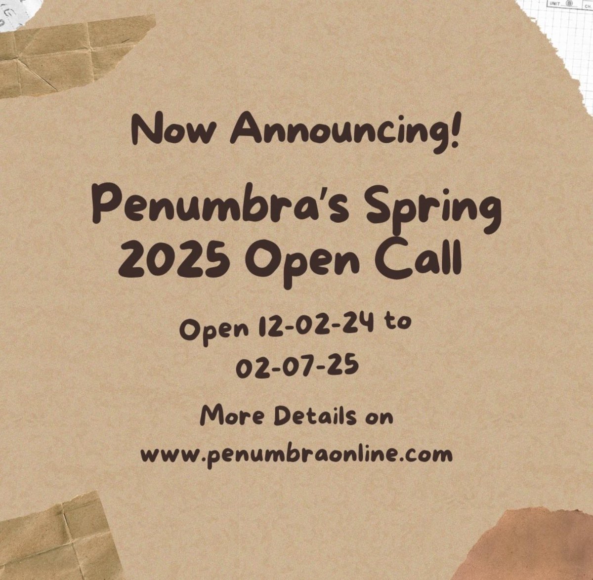 csustanpenumbra's tweet image. We are officially taking submissions for our Spring 2025 print edition of Penumbra!
The deadline for submissions is Friday, February 7th, at midnight.
#penumbra #springcall #literaryjournal #submissions #poetry #art #fiction #hybrid #nonfiction