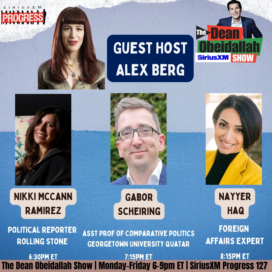 Thrilled to be hosting the <a href="/DeanObeidallah/">(((DeanObeidallah)))</a> show on <a href="/SiriusXMProg/">SiriusXMProg.bsky.social</a> tonight! We have an excellent lineup with <a href="/NikkiMcR/">follow @nikkimcr on bluesky :)</a> to talk Kash Patel, <a href="/gscheiring/">Gabor Scheiring</a> on Orban and Trump, and <a href="/nayyeroar/">Nayyera</a> on Trudeau's visit to Mar-a-Lago + more! Channel 127.