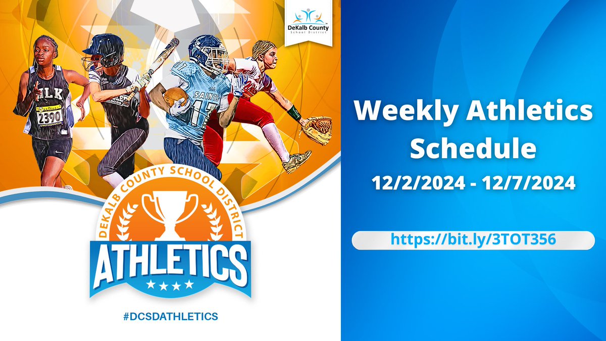 🏆 The @dcsdathletics weekly calendar for Dec. 2 – 7!

Sports this week:
🏈 Football State Semifinals 🏆 
🚩🏈 Flag Football
🏀 Basketball
📣 Competitive Cheerleading
⚽ Elementary Soccer Championship 🏆 
🏊‍♀️ Swim &amp; Dive
🤼‍♂️ Wrestling

📅 Schedule: bit.ly/3TOT356.
