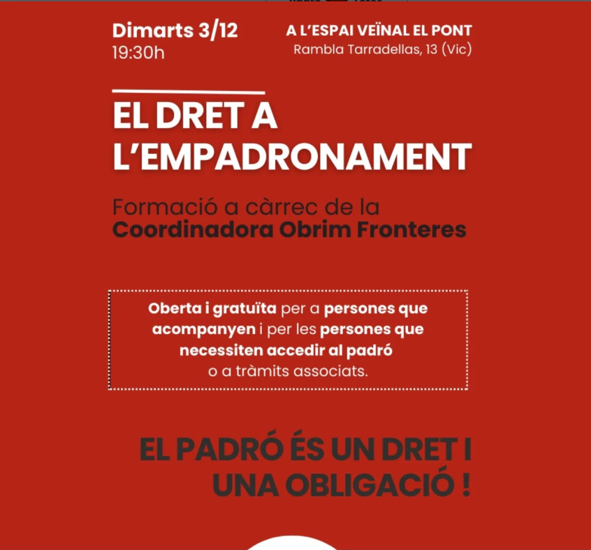 elsetembre's tweet photo. #ENMOVIMENT
Acte a Vic sobre el dret a l'empadronament
▶️ És aquest dimarts a l'Espai El Pont amb la Coordinadora Obrim Fronteres
▶️ L'organitza la xarxa Padró x Totes, que qüestiona la legalitat del nou protocol d'empadronament de l'Ajuntament de Vic
👉 https://t.co/Kt2TXiAYeQ https://t.co/Fl7JKwrWwT