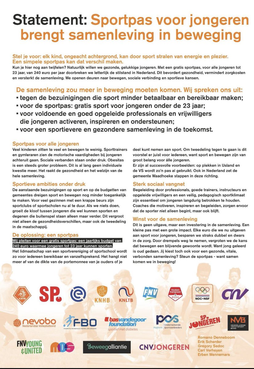 Oa <a href="/KNVB/">KNVB</a> <a href="/SPnl/">SP</a> ondersteunen voorstel van <a href="/Kristuinier/">Kris Tuinier</a> en mij uit 2020 nu ook. Ieder kind moet, ongeacht financiële mogelijkheden van ouders, kunnen sporten als het dat graag wil! 
De bieb is al gratis tot 18 jr, dat kan dus ook voor #sportenbewegen 
#gezondheid #meedoen #sportpas