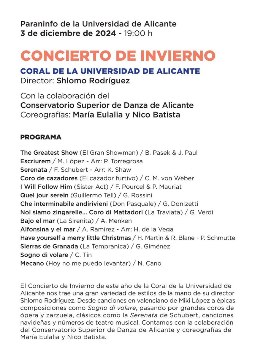 🎭✨ El Conservatorio Superior de Danza de Alicante en el Concierto de Invierno 🎶✨

El próximo 3 de diciembre a las 19:00, en el Paraninfo de la Universidad de Alicante, se celebrará el Concierto de Invierno de la Coral de la Universidad.