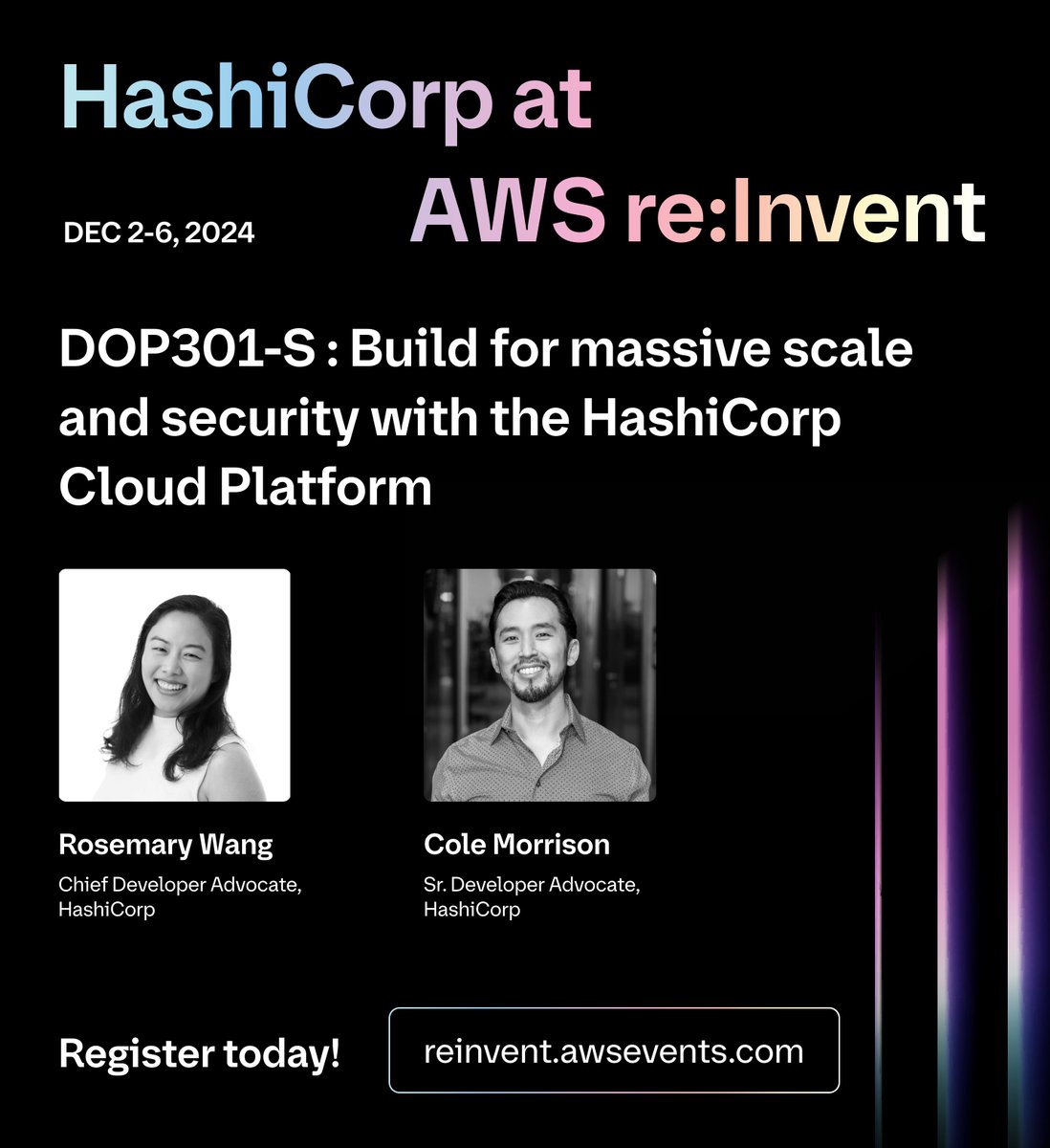HashiCorp's tweet image. Scaling your business while staying secure? We’ve got you covered at #AWSreInvent. 🚀
Join our session: Build for Massive Scale & Security with HashiCorp Cloud Platform, and discover how to manage infrastructure growth with security embedded at every layer.…