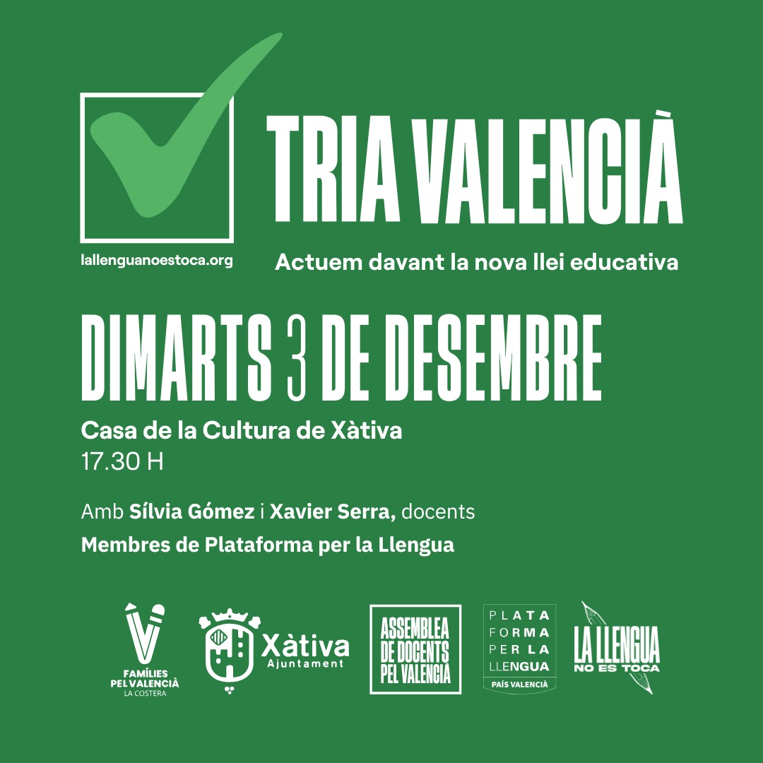 Saps que la nova llei educativa no garantix que els teus fills i filles estudien en la llengua que triaràs si no evitem la consulta? Una llei que segrega i fomenta les divisions entre alumnat, famílies i comunitat educativa. Demà podràs informar-te: 17.30h a la Casa de la Cultura