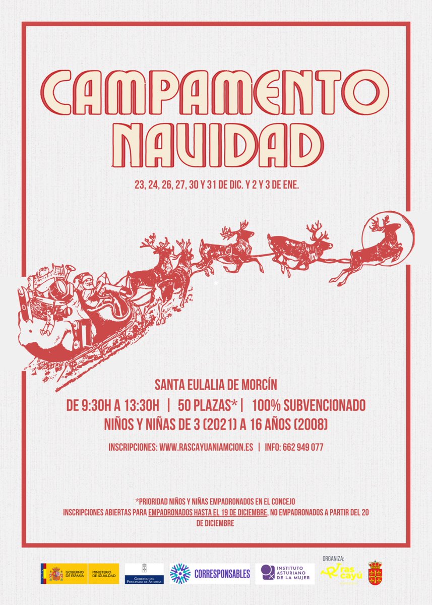 aytomorcin's tweet photo. ¡Campamento de Navidad en Morcín! 🎄

Para favorecer la conciliación en los días no lectivos. Pueden inscribirse niños y niñas de 3 a 16 años, con preferencia para empadronados en el concejo.

Inscripciones 📲662 949 077 / https://t.co/q63vinniao

#morcín #navidad #conciliación https://t.co/nvvyRjt4dY