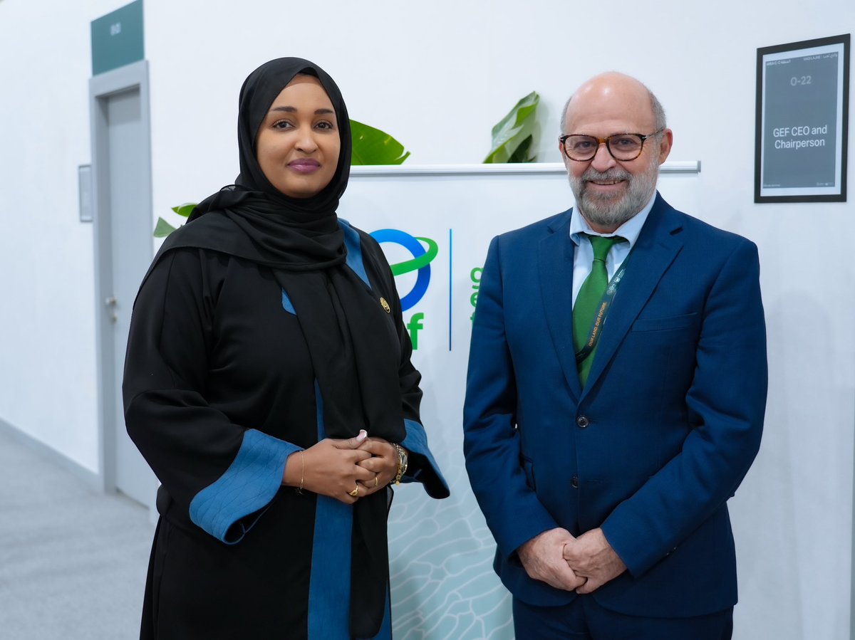 KhadijaMakhzumi's tweet photo. Had a productive meeting with @theGEF CEO Carlos Manuel Rodriguez, where we engaged in discussions about Somalia’s environmental priorities, including climate resilience, biodiversity conservation, and sustainable development. This marks the beginning of an important collaboration to drive impactful actions and strengthen partnerships for a more sustainable and resilient future for Somalia. #GEF #ClimateAction #Sustainability
