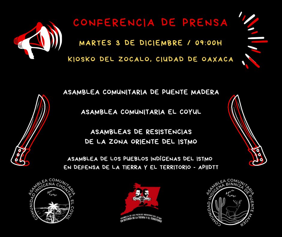 CONFERENCIA DE PRENSA APIIDTT 

📍 Lugar: Kiosko del Zócalo, Ciudad de Oaxaca
📅 Fecha: Martes 3 de diciembre 
⏰ Hora: 09:00h

Facebook:
facebook.com/share/p/1WeZnF…

Instagram:
instagram.com/p/DDFes3aP4gr/…

WordPress:
tierrayterritorio.wordpress.com/2024/12/02/con…

<a href="/jesusromerooax/">Jesús Romero (El Mero Mero)</a> <a href="/salomonj/">Salomón Jara Cruz</a>