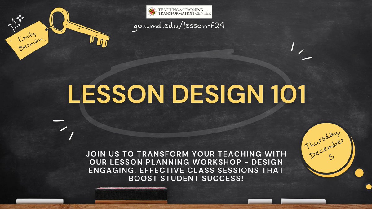 📣 LAST WORKSHOP OF THE SEMESTER
🧑‍🏫 Join us in ESJ 0201 on 12/5 at 3pm to transform your teaching with our lesson planning workshop.
📈 Design engaging, effective class sessions that boost student success!

🔗 go.umd.edu/lesson-f24

——

#tltc #umd #teachingandlearning #design