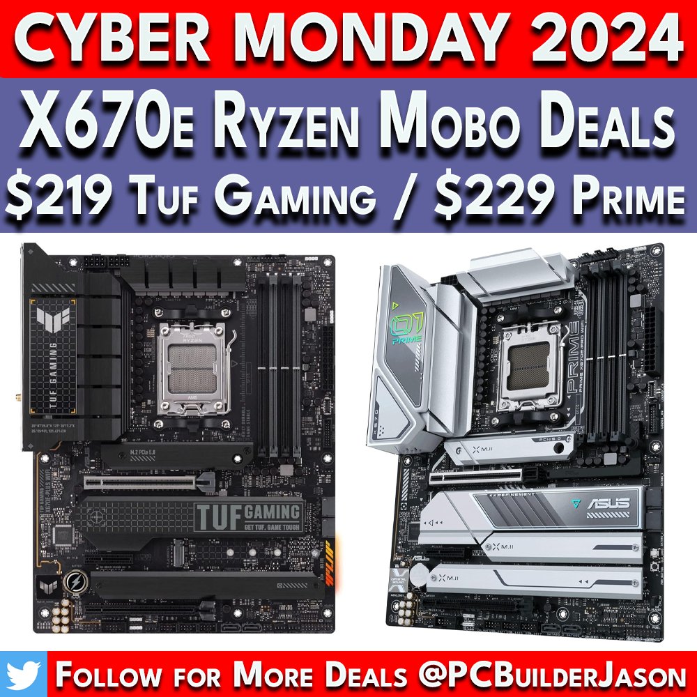 PCBuilderJason's tweet image. TUF➡️ amzn.to/3VjGQYh
Prime➡️ amzn.to/4fQwE1Z
affiliate

ASUS Tuf Gaming X670E &amp;amp; Prime X670E-PRO are the best premium Ryzen motherboard deals right now! My top creator / overkill gaming motherboards picks at a huge discount! #Amazon #PCBuilder #CyberMonday2024