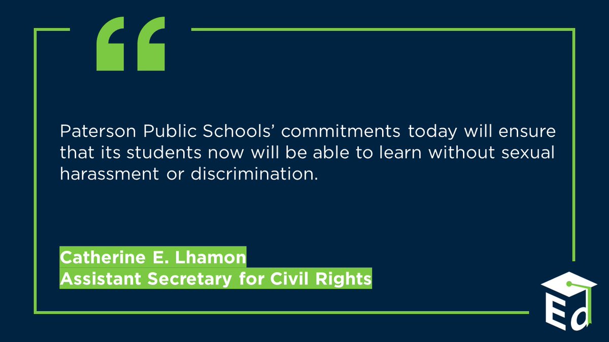Today, OCR resolved a compliance review of the Paterson School District (NJ) regarding the district’s responses to notice of sexual harassment, including sexual assault, of its students by other students and employees across several school years. 

🔗ed.gov/about/news/pre…