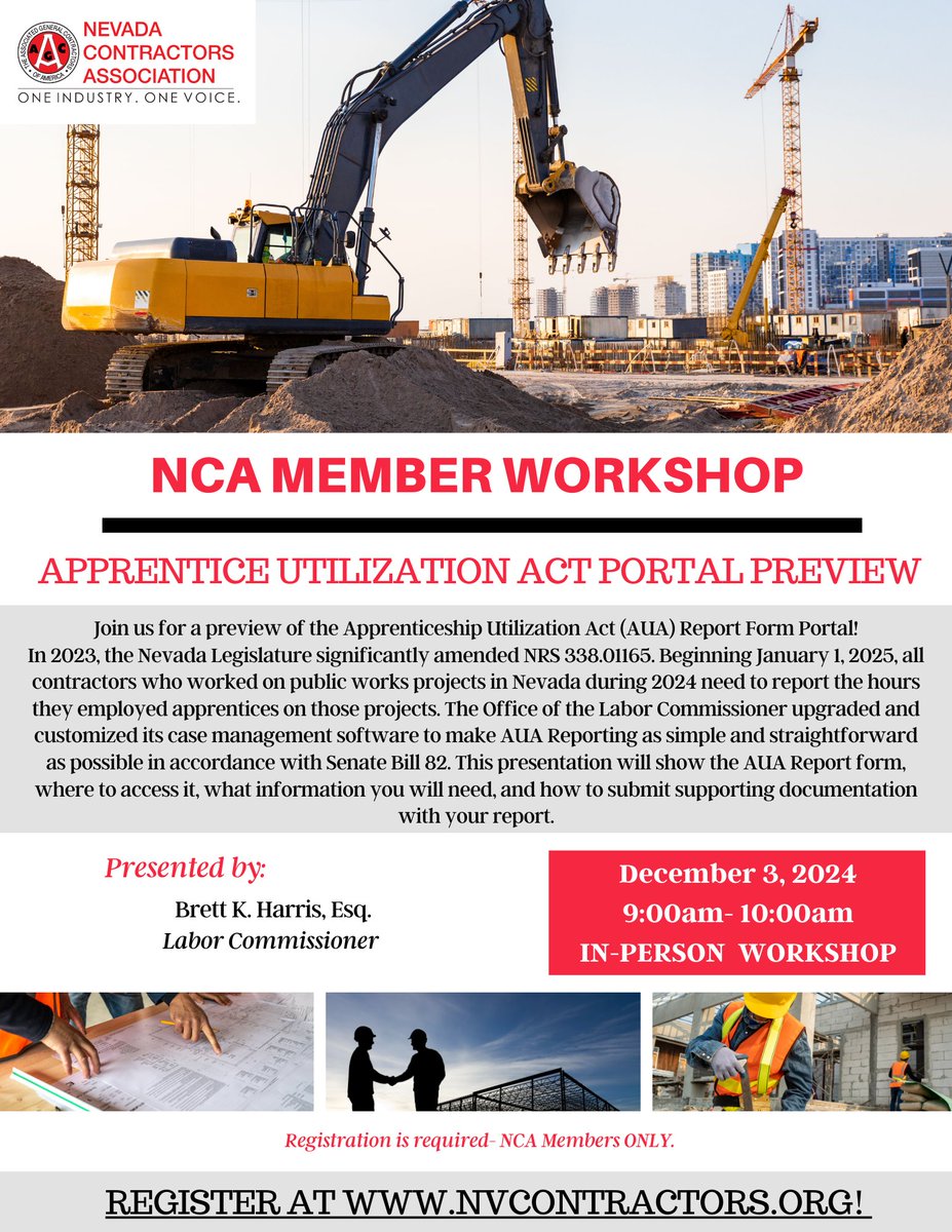 Last Chance to Register! 🚨

Don’t miss tomorrow’s NCA Member Workshop: Apprentice Utilization Act (AUA) Portal Preview!

📅 Date: December 3, 2024
⏰ Time: 9:00 AM - 10:00 AM
📍 Where: Nevada Contractors Association

🔗 Register Now: web.nvcontractors.org/atlas/events/n…