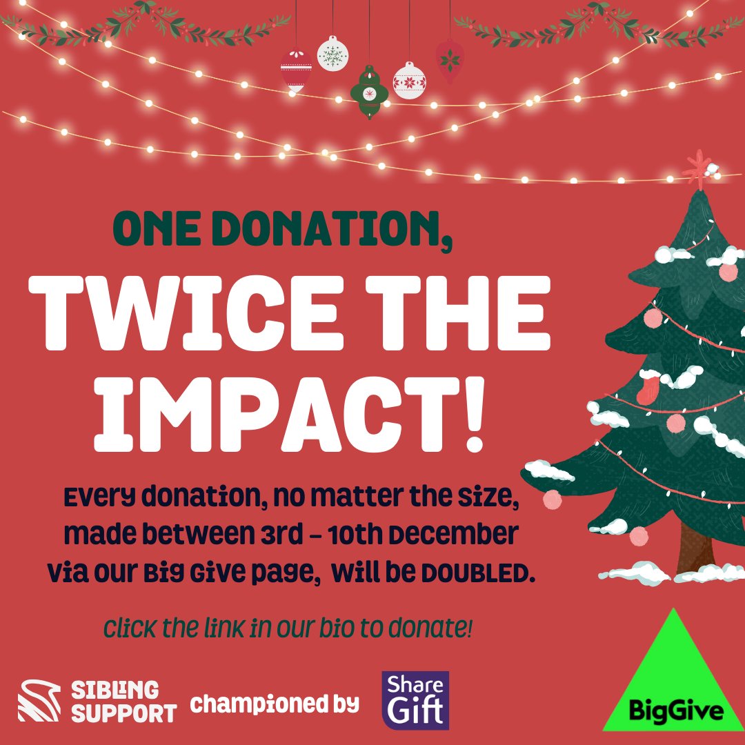 Sibling Support (@sibling_support) on Twitter photo This Christmas, you have the chance to make a real difference to the lives of bereaved children across the UK.
Our annual fundraising appeal with <a href="/BigGive/">Big Give</a> has launched today and every single donation made over the next week will be doubled. Donate here!
donate.biggive.org/campaign/a0569… This Christmas, you have the chance to make a real difference to the lives of bereaved children across the UK.
Our annual fundraising appeal with <a href="/BigGive/">Big Give</a> has launched today and every single donation made over the next week will be doubled. Donate here!
donate.biggive.org/campaign/a0569…