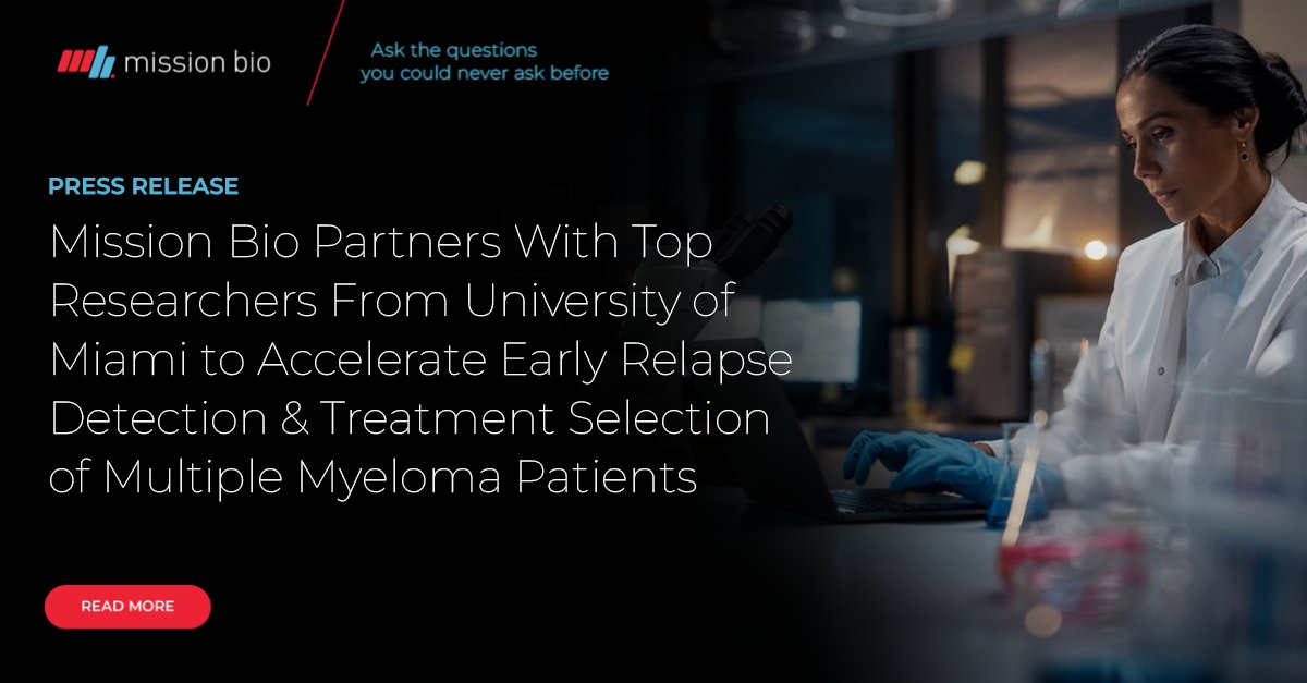 Mission Bio (@missionbio) on Twitter photo Exciting news! Announced today, Mission Bio will be collaborating with <a href="/DrOlaLandgren/">C. Ola Landgren, M.D.</a> & <a href="/SylvesterCancer/">Sylvester Comprehensive Cancer Center</a> team who will leverage the Tapestri Single-cell DNA Multiple Myeloma Panel to examine MM at an unprecedented level of clonal detail.
Learn more 👉 bit.ly/3OzlMt1 Exciting news! Announced today, Mission Bio will be collaborating with <a href="/DrOlaLandgren/">C. Ola Landgren, M.D.</a> & <a href="/SylvesterCancer/">Sylvester Comprehensive Cancer Center</a> team who will leverage the Tapestri Single-cell DNA Multiple Myeloma Panel to examine MM at an unprecedented level of clonal detail.
Learn more 👉 bit.ly/3OzlMt1
