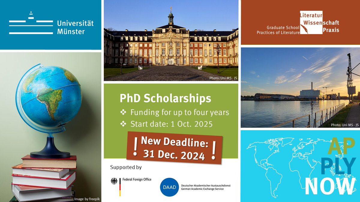 Anna Thiemann (@annatmann.bsky.social) (@annatmann) on Twitter photo The Graduate School Practices of Literature <a href="/uni_muenster/">Universität Münster</a> is still accepting applications for DAAD scholarships!🌍✨
🎓 3-year PhD program (with possible 4th-year funding) in an inspiring academic setting.
⏳ Extended deadline: Dec. 31, 2024
Learn more: uni.ms/gssp The Graduate School Practices of Literature <a href="/uni_muenster/">Universität Münster</a> is still accepting applications for DAAD scholarships!🌍✨
🎓 3-year PhD program (with possible 4th-year funding) in an inspiring academic setting.
⏳ Extended deadline: Dec. 31, 2024
Learn more: uni.ms/gssp