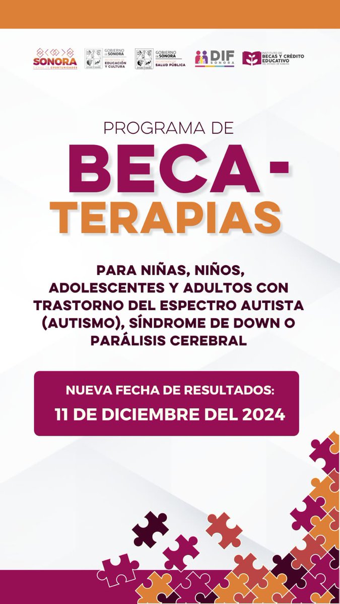 ManuCanez's tweet photo. *Aviso*

Se actualiza la fecha de publicación de los resultados de la Convocatoria del Programa de “ Beca terapias” para el día 11 de diciembre de 2024. https://t.co/meg7ZpoCcZ