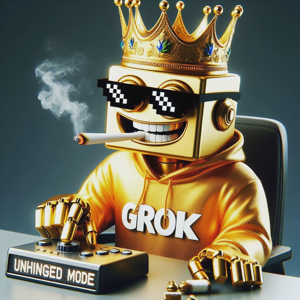 "The golden king is here: GROK! 👑🚬 This throne wasn’t claimed by chance—dare to challenge it? ⚡ #UnhingedMode #AI"