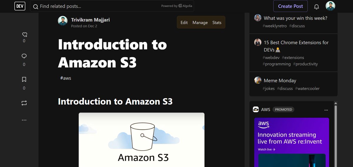 TMajjari's tweet image. Hey folks,
🗒️ My new blog about Amazon S3 is publicly available now.
🔗 Check out the link below 👇
dev.to/trivikram_majj…

This blog contains information about Amazon S3 Service and how to create an S3 bucket and upload data files.
@AwsUniloriN #aws