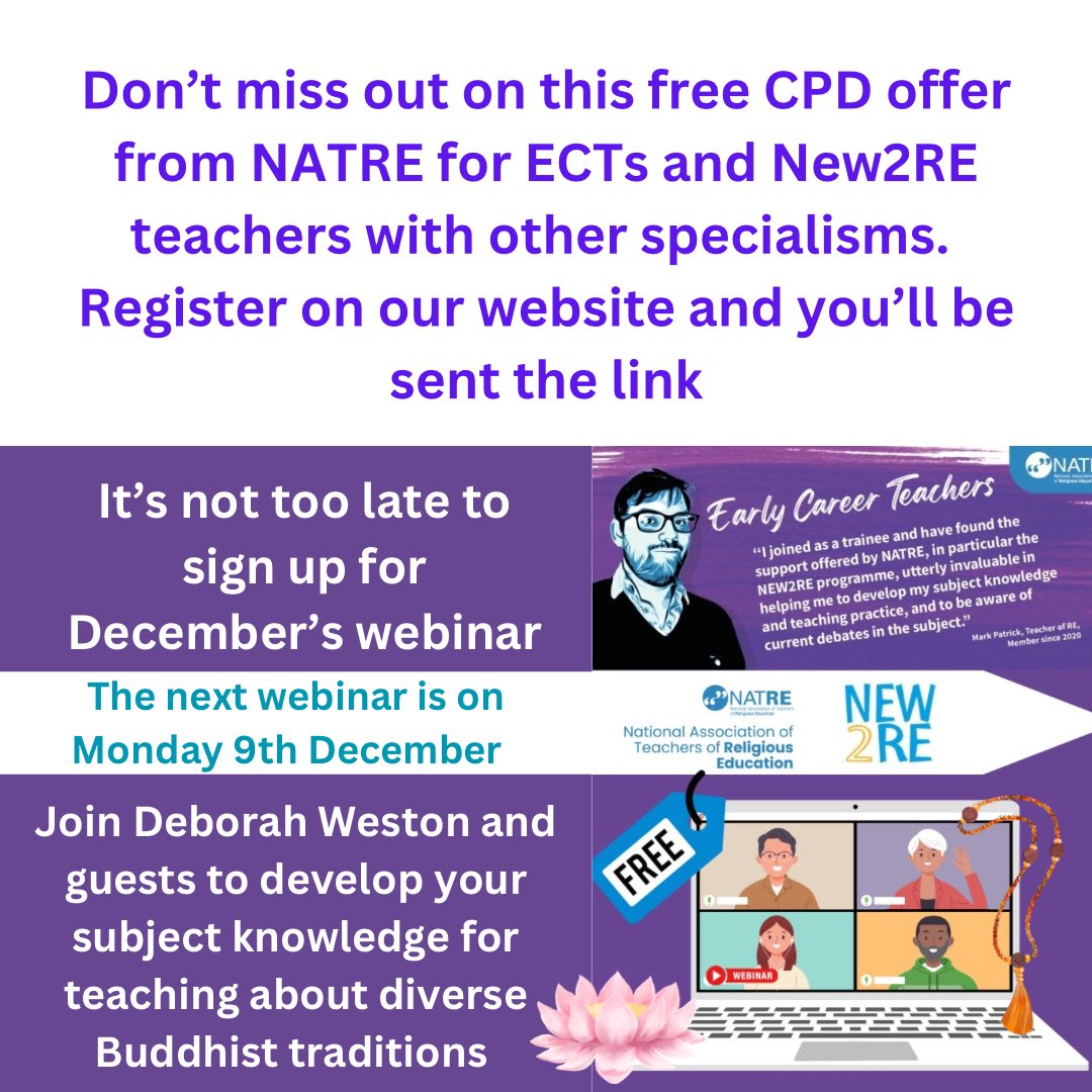 NATRE (@natreupdate) on Twitter photo The next #new2RE webinar will be on Monday 9th Dec from 4-5.30. Join <a href="/DeborahWeston/">Deborah Weston OBE</a> and a panel of guests representing a range of Buddhist worldviews, including Amalanandi, Jo Backus, Joyce Miller and <a href="/WEDossett/">Wendy Dossett ๐</a>
natre.org.uk/membership/earโฆ The next #new2RE webinar will be on Monday 9th Dec from 4-5.30. Join <a href="/DeborahWeston/">Deborah Weston OBE</a> and a panel of guests representing a range of Buddhist worldviews, including Amalanandi, Jo Backus, Joyce Miller and <a href="/WEDossett/">Wendy Dossett ๐</a>
natre.org.uk/membership/earโฆ
