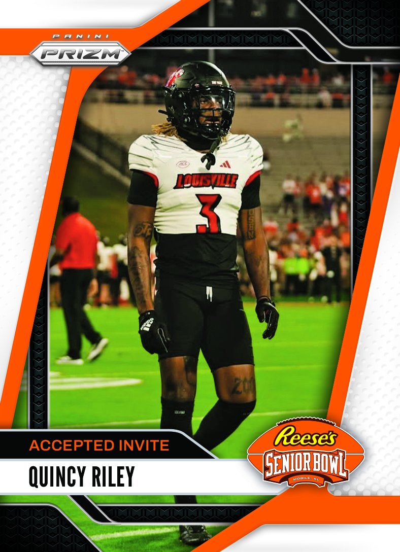 seniorbowl's tweet photo. It’s OFFICIAL! DB Quincy Riley @QuincyRiley03 from @LouisvilleFB has accepted his invite to the 2025 Reese's Senior Bowl!!! #GoCards #BestOfTheBest #TheDraftStartsInMOBILE™️
@JimNagy_SB @PaniniAmerica #RatedRookie https://t.co/mKvq1gjchl